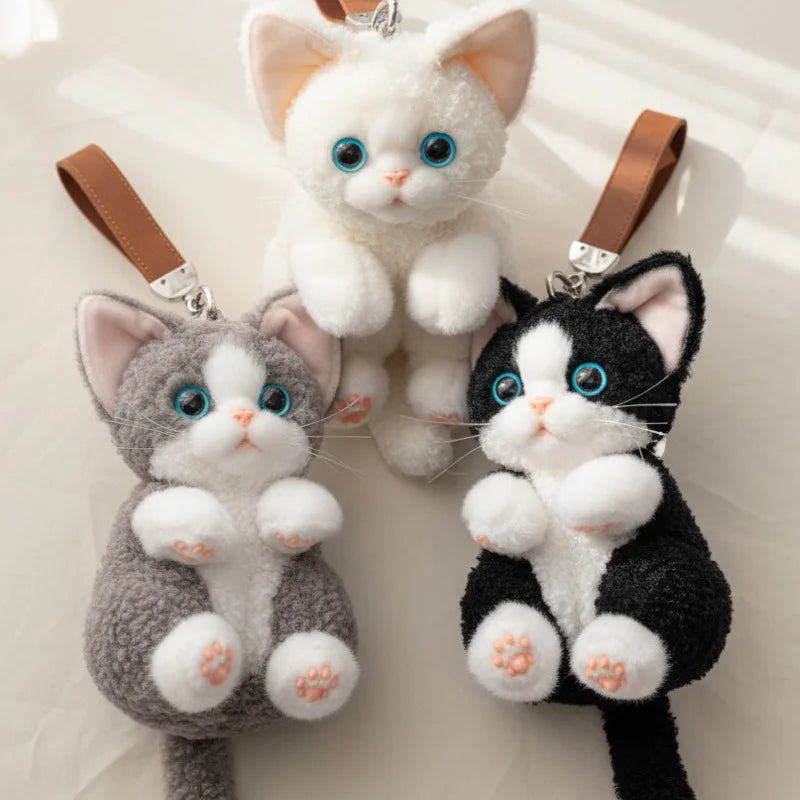 New Devon Rex Cat Keychain Doll, Lifelike Realistic Kitten Plush Toy Keyring, Cute Fluffy Bag Charm Purse Accessory Gift Toy