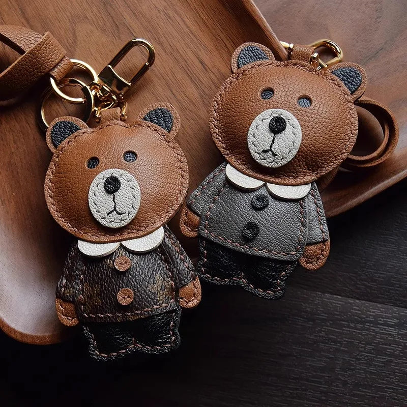Brown Bear Handbag Charm Leaher  Handmade Keychain Cute Ornament Car Keyring Accessories Gift